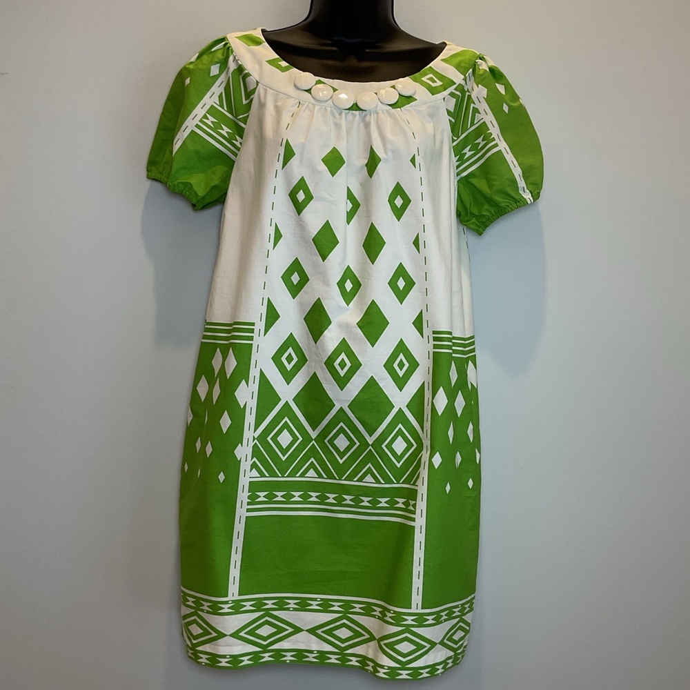 Tibi New York Green & White Geometric Print Shift Dress Button Neck NEW